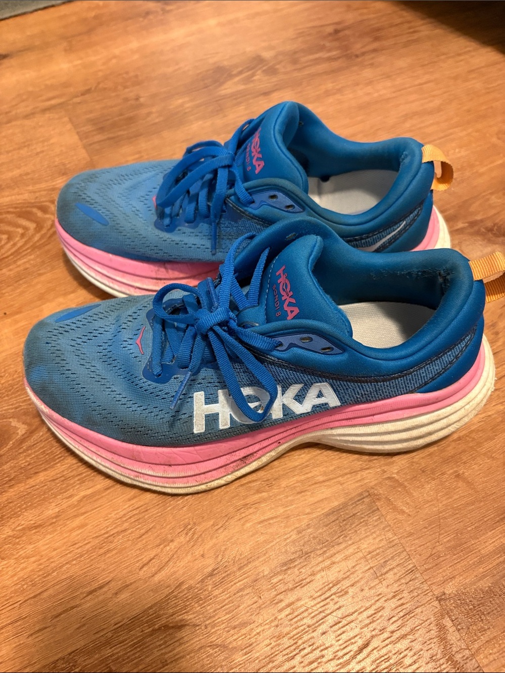 Hoka Bondi 8 Women's Blue with Pink Accents Running Shoes 7 Wide